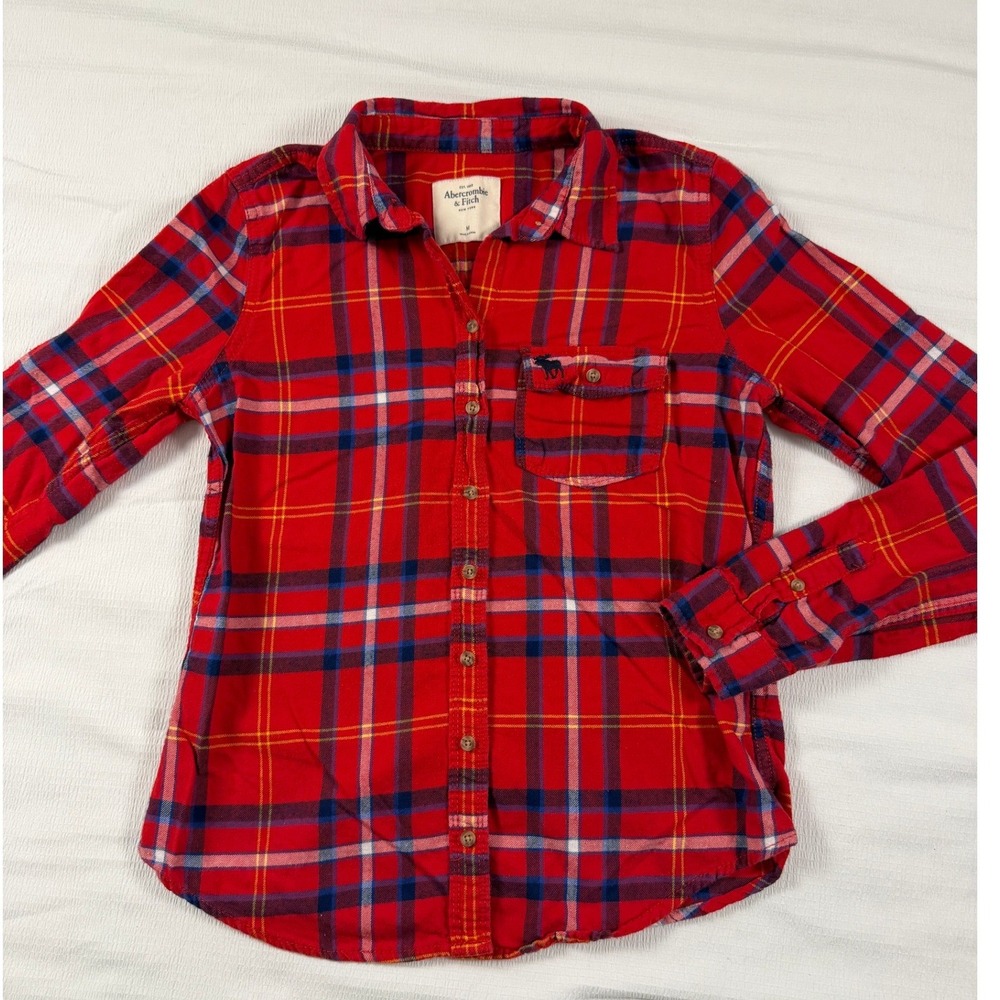 Abercrombie & Fitch Red Plaid Flannel Button Down Shirt Women's Medium Moose